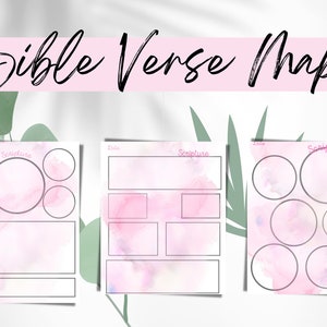 May include: Three printable Bible verse map templates with pink watercolour backgrounds. Each template has a space for the date, scripture, and a section for notes.