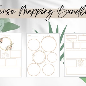May include: Three printable worksheets for verse mapping with an autumn theme. The first worksheet features a wreath with flowers and a pumpkin. The second worksheet has five circles with floral accents. The third worksheet has a floral design and a space for writing scripture.