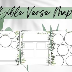 May include: Printable Bible verse map with three different layouts. Each layout features a space for the date, scripture, and a section for notes. The layouts are decorated with green leaves.