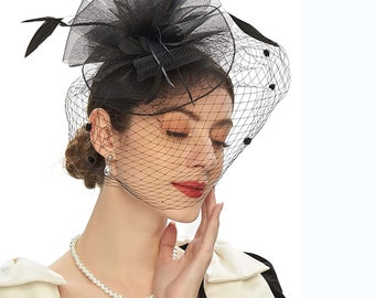 BIRDCAGE VEIL. COCTAIL Hat. Black mini hat. Purple fascinator. Bridal hat, wedding hat Checkered Mesh Bowler Hat