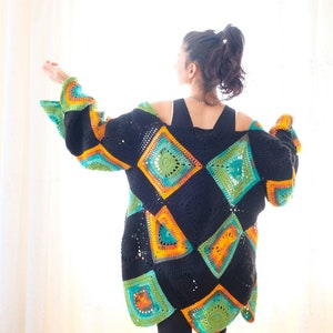 Colorful Crochet Cardigan, Knitted Cardigan with Square Motifs,Granny Square Cardigan, Multi Colored Knit Afghan Cardigan,Women Knitwear,