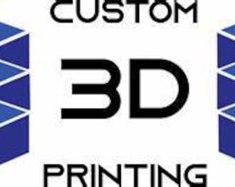 May include: A logo for a 3D printing service. The text "CUSTOM" and "PRINTING" are above and below the bold black letters "3D". Geometric shapes in shades of blue are on either side of the text.