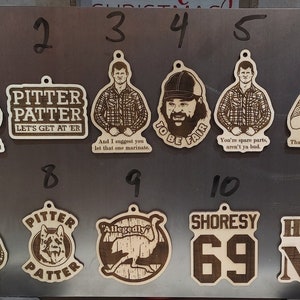 Letterkenny laser engraved and cut christmas ornament collection