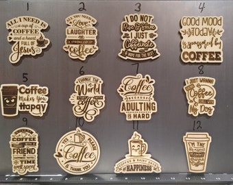 Coffee laser cut & engraved wood magnet collection