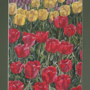Skagit Valley Tulips, Original Soft Pastel Drawing, Fine Art, Matted, Ready to Frame, 9 x 12 Inches Activ