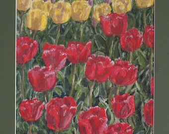 Skagit Valley Tulips, Original Pastel Drawing, Matted Art (9x12)