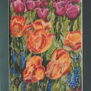 Tulips and Grape Hyacinths, Original Soft Pastel Drawing, Fine Art, Matted, Ready to Frame, 9 x 12 Inches Active