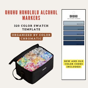 May include: A black carrying case filled with Ohuhu Honolulu alcohol markers, organized by color. The image includes a color swatch template with color codes and the text "New and Old Color Codes Included!"