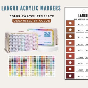 Op de afbeelding: Afbeelding van een set "LANGUO ACRYL MARKERS" met een kleurstalen sjabloon. De set bevat 240 stiften, georganiseerd op kleur, in een beige draagtas. Er wordt ook een kleurenkaart weergegeven.