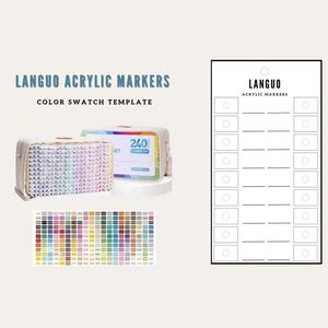 May include: A set of Languo acrylic markers with a colour swatch template. The markers are in a beige carrying case, with a box that says "240 SET". The colour swatch template is a grid of colour samples.