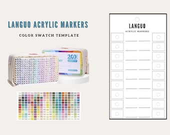 May include: A set of Languo acrylic markers with a color swatch template. The markers are in a beige carrying case, with a box that says "240 SET". The color swatch template is a grid of color samples.