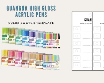 May include: Image features a collection of Guangna High Gloss Acrylic Pens in various colors, with a color swatch template. The text "GUANGNA HIGH GLOSS ACRYLIC PENS" and "COLOR SWATCH TEMPLATE" are displayed.