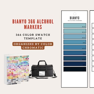 May include: Image of BIANYO 366 Alcohol Markers, with a 366-colour swatch template. The image shows a clear case of markers, a black bag, and colour swatch templates. Text reads "366 Colour Swatch Template, Organised by Colour Chromatic."