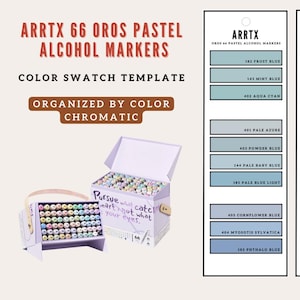 Può includere: Set di pennarelli ad alcol pastello ARRTX 66 OROS. L'immagine mostra un modello di campionario colori con una scatola di pennarelli e campioni di colore. La tavolozza dei colori include sfumature di blu, con il testo "Organizzato per colore cromatico."