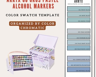 May include: ARRTX 66 OROS pastel alcohol markers set. The image shows a color swatch template with a box of markers and color swatches. The color palette includes shades of blue, with text that reads "Organized by Color Chromatic."