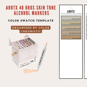 Puede incluir: Un conjunto de 48 rotuladores de alcohol ARRTX OROS para tonos de piel, con una plantilla de muestra de color. Los rotuladores están organizados por color e incluyen tonos como Egg Shell, Milky White y Tea Rose. Se muestra un rotulador con una muestra.