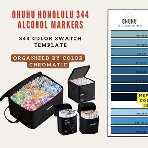 Op de afbeelding: Afbeelding van Ohuhu Honolulu 344 alcoholmarkers. De afbeelding bevat een zwarte draagtas vol markers, kleurstalen sjablonen en de tekst "Georganiseerd op kleur chromatisch". De kleurstalen bevatten nieuwe en oude kleurcodes.