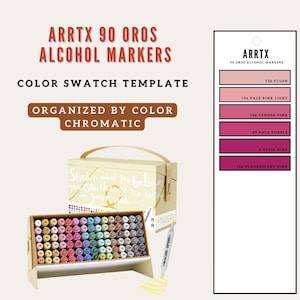 May include: A set of 90 alcohol markers in a box with a color swatch template. The markers are organized by color and include shades of pink, purple, and other colors. The box has a handle and the text "ARRTX 90 OROS ALCOHOL MARKERS".