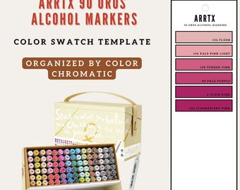 May include: A set of 90 alcohol markers in a box with a color swatch template. The markers are organized by color and include shades of pink, purple, and other colors. The box has a handle and the text "ARRTX 90 OROS ALCOHOL MARKERS".
