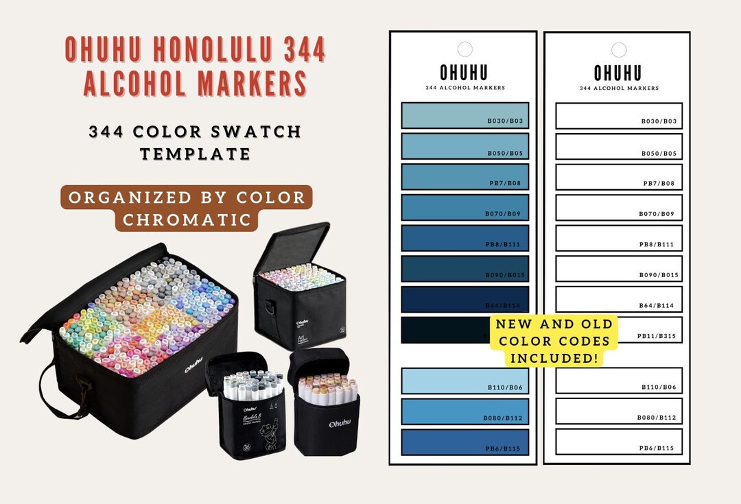 Ohuhu 344 Alcohol Markers Chromatic Swatch Chart | New and Old Codes ...