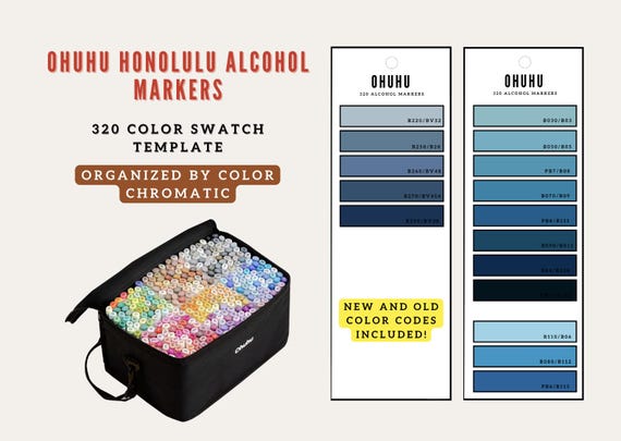 Ohuhu 320 Alcohol Markers Chromatic Swatch Chart | New and Old Codes | Color Coded | Color Organized | Printable | Instant Download | PDF
