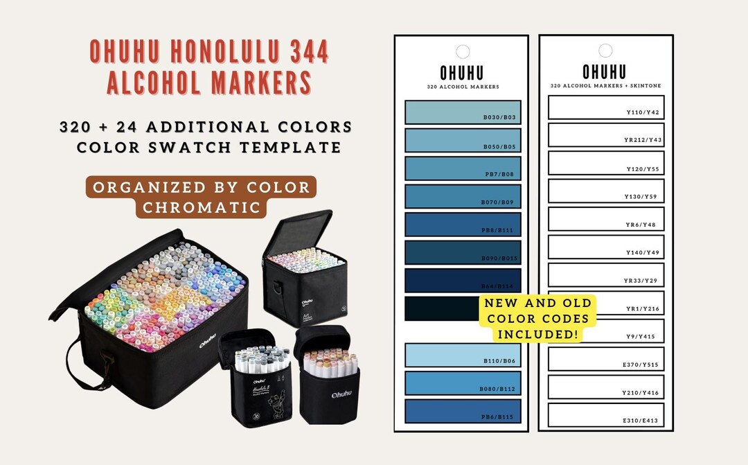 Ohuhu Additional 24 Colors (344) Alcohol Markers Chromatic Swatch Chart ...