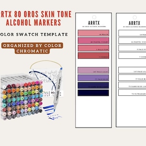 Puede incluir: Imagen de 80 rotuladores de alcohol ARRTX OROS para tonos de piel, con una plantilla de muestra de color. El texto dice "Color Swatch Template" y "Organized by Color Chromatic". Se muestra un rotulador con tinta azul.