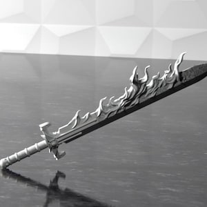 May include: A silver sword with a flame design on the blade. The sword has a long, straight blade with a pointed tip and a curved handle.
