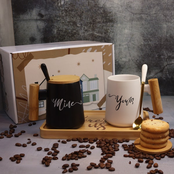 Yours and Mine and Here to Us Mugs, Golden Spoon, Wood Tray Set of Two Coffee Love Mugs, Couples Gifts, His Hers Gift, Brother Sister