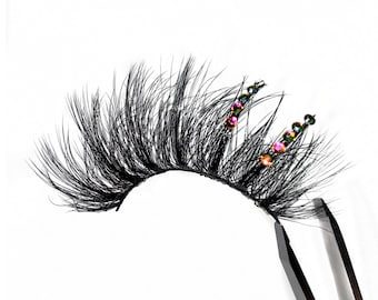 GEM | Cils en strass colorés | Bandes de faux-cils holographiques multicolores en strass | faux cils avec pierres précieuses | Faux cils de 25 mm