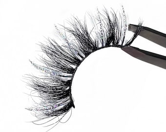 FUNKELN | Glitter Farbe Wimpern | Silber Glitter weiße Farbe Wimpern | Streifen Wimpern | 25mm Wispy flauschige Wimpern | Wimpernverlängerung