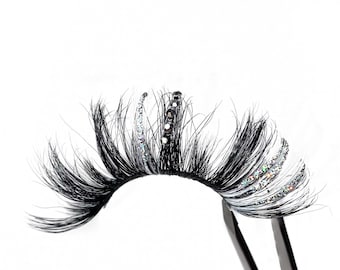 DIAMANT | Strass Glitzer Farbe Wimpern | Silber Glitter weiße Farbe Wimpern | Streifen Wimpern | 25mm Wimpern | Wispy Volumen Falsies