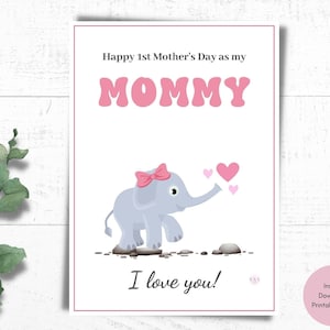 Tarjeta del primer día de las madres, tarjeta imprimible del día de las madres, tarjeta imprimible del elefante bebé, tarjeta del primer día de las madres