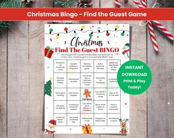 Kerstbingo, vind de gastbingo, kerstfeestspel, afdrukbaar kerstspel, kerstbingospel voor kinderen en volwassenen