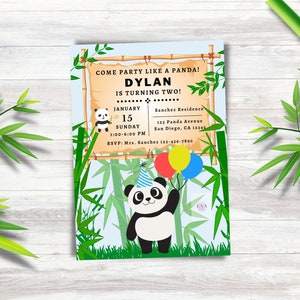Convite de aniversário Panda, menino de convite de aniversário, modelo de convite editável, modelo Canva