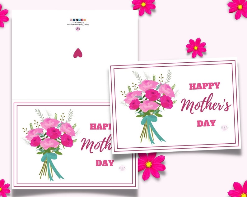 Mothers Day Card, Printable Mothers Day Card, Pink Flower Bouquet Mothers Day Card - Etsy
