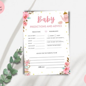 Prédictions et conseils jeu de douche de bébé, cartes de conseils de douche de bébé, Baby Shower Tea Party imprimable, jeux de douche de bébé Floral