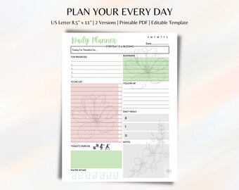 Editable Daily Planner Template, Single Page Instant Download, Daily To Do list, Productivity Planner