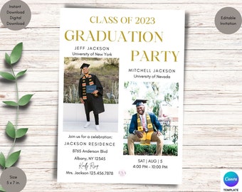 Graduation Party Invitation Template, Two Graduates Invitation with Multiple Picture, Print or Digital Party Invite, Graduation Announcement