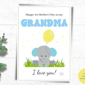 Cartão do primeiro dia das mães para a vovó, cartão para impressão do bebê elefante, cartão para impressão para a vovó