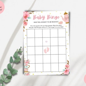 Floral Baby Shower Bingo Game: Tea Party Theme (PDF Download)