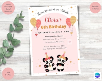 Panda Birthday Party Invitation Template, Birthday Invitation for Girls, Print or Digital Party Invitation, Girls Birthday Party Invitation