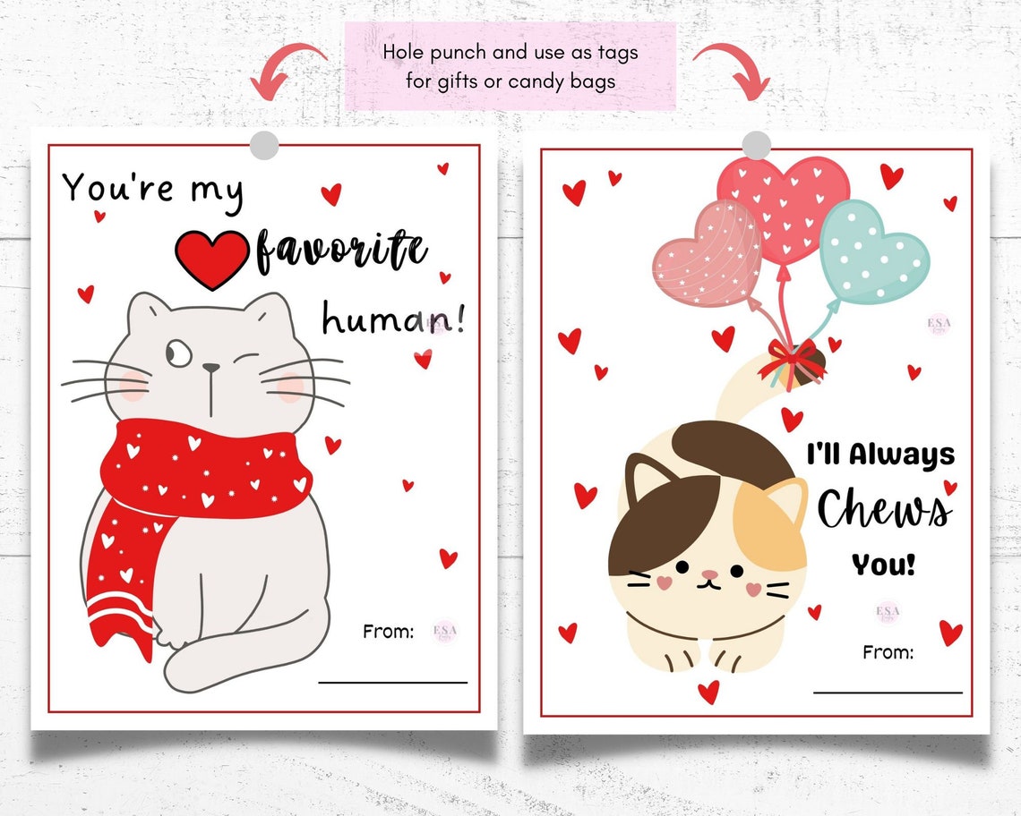 Printable Cat Valentine's Day Cards Classroom Valentine Etsy