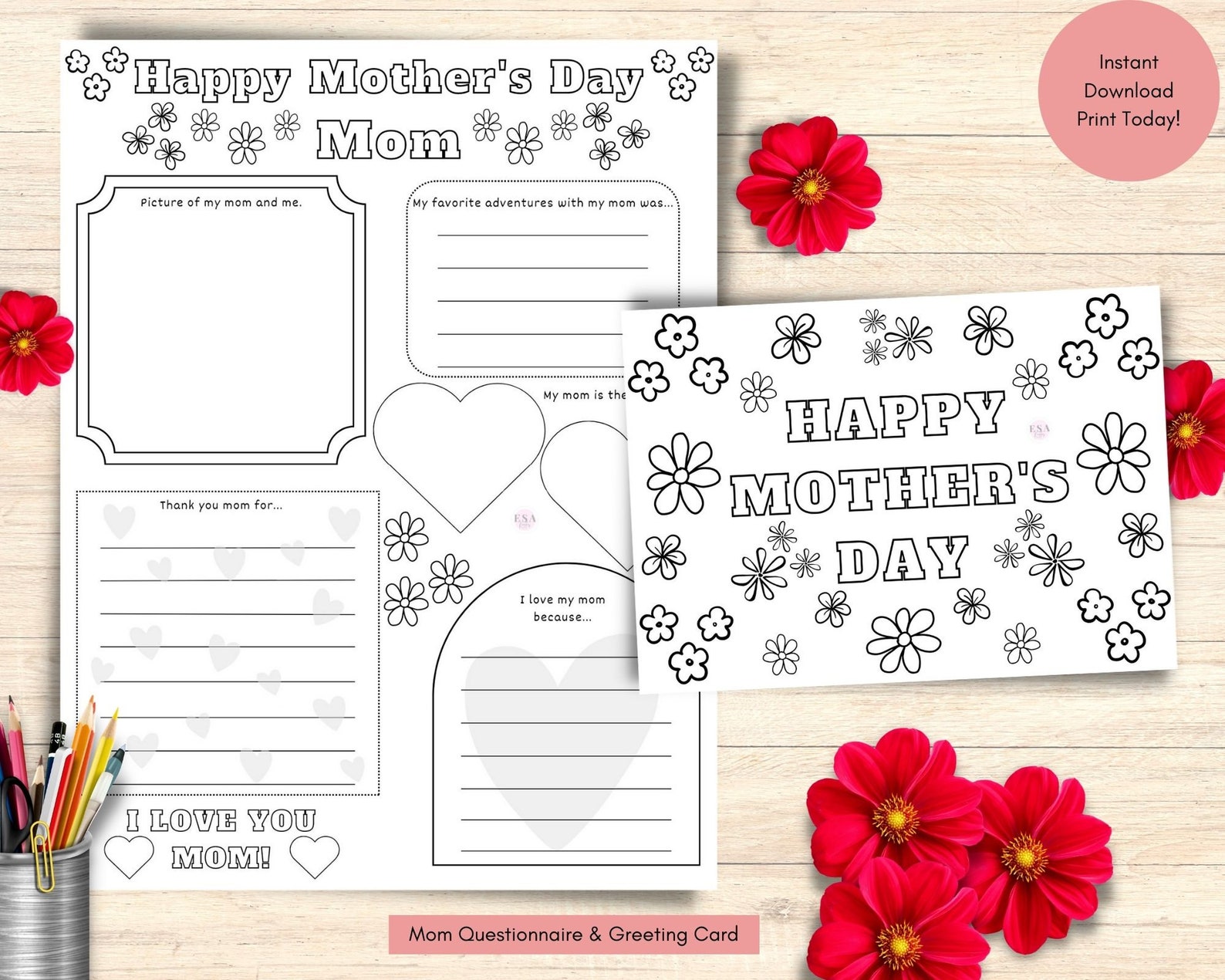 Printable Mothers Day Coloring Card for Kids, Mom Questionnaire and ...