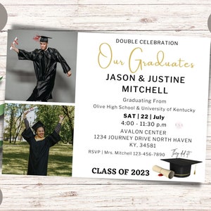 Graduation Party Invitation Template, Two Graduates Invitation with Multiple Picture, Print or Digital Party Invite, Graduation Announcement
