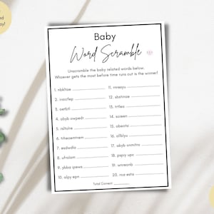 Minimalist Baby Shower Word Scramble Game (Printable PDF)