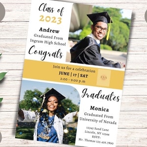 Graduation Party Invitation Template, Two Graduates Invitation with Multiple Picture, Print or Digital Party Invite, Graduation Announcement