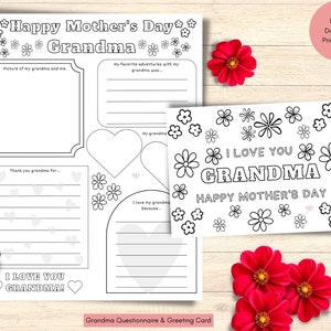 Tarjeta para colorear del Día de la Madre imprimible para la abuela para niños, Cuestionario de la abuela y tarjeta de niños, Página para colorear del Día de la Madre 3 en 1 OFERTA