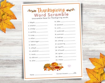May include: A printable Thanksgiving word scramble game with 26 words to unscramble. The game features a fall theme with orange and brown colors and a picture of a Thanksgiving dinner.