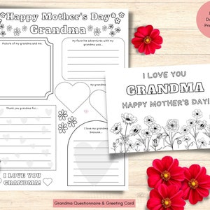Cartão para colorir do Dia das Mães para impressão da vovó para crianças, Questionário da vovó e cartão infantil, Página para colorir do Dia das Mães 3 em 1 NEGÓCIO